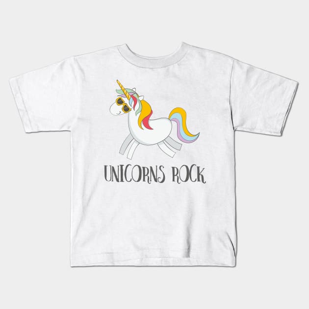 Unicorns Rock! Funny Cute Unicorn Rock Kids T-Shirt by Dreamy Panda Designs